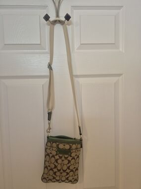 Coach Beige Canvas Crossbody with Green Trim